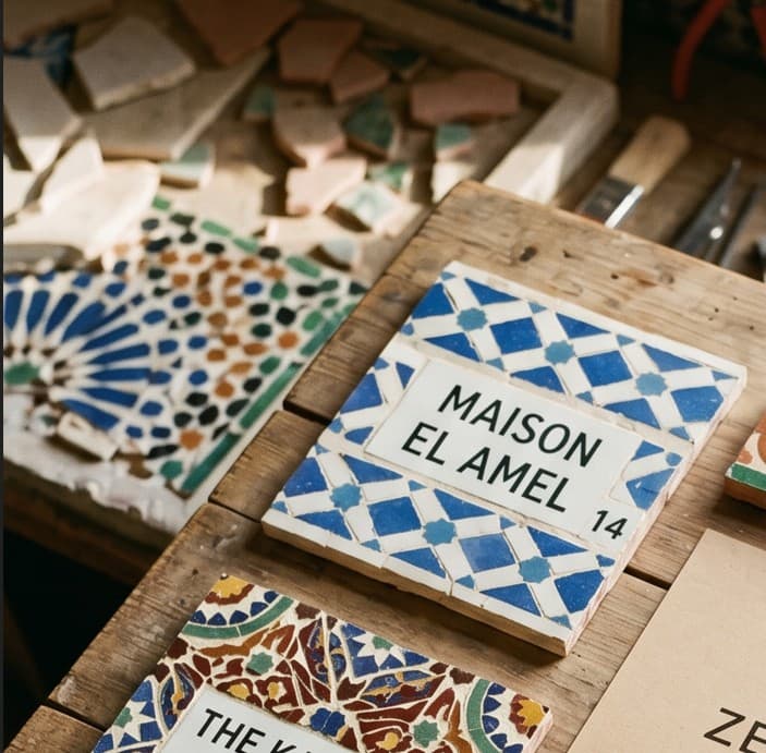 Panneau de zellige lisant Maison El Amel 14 avec bordure géométrique de losanges bleus et blancs.
