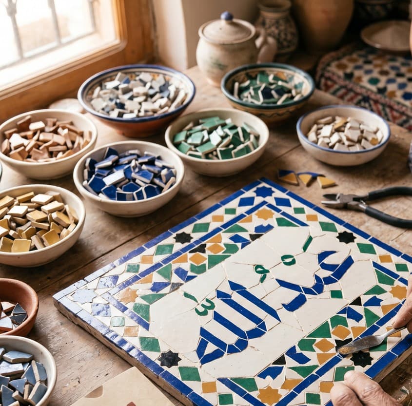 Grand panneau de zellige avec calligraphie arabe en bleu et vert sur ivoire, entouré de bols de tesselles taillées à la main.
