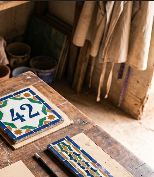 Plaque de numéro de maison en zellige affichant 42 en bleu de Fès sur blanc avec une bordure d'étoiles polychrome.