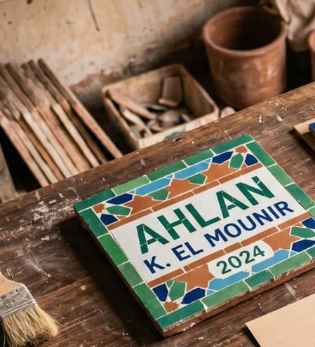Plaque de bienvenue personnalisée lisant Ahlan K. El Mounir 2024 avec une bordure d'étoiles verte et terre cuite.