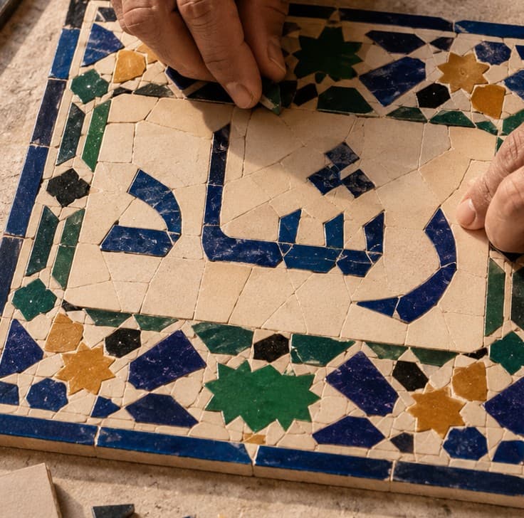 Artisan posant les dernières tesselles sur un panneau de zellige épelant Rachad en calligraphie arabe avec une bordure géométrique polychrome.