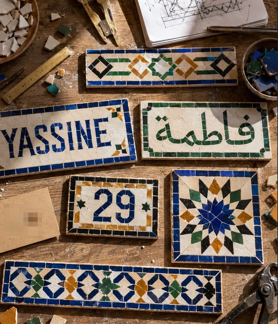 Vue à plat de panneaux de zellige finis: Yassine, Fatima en arabe, numéro 29, un médaillon géométrique et des frises de bordure sur une table d'atelier.